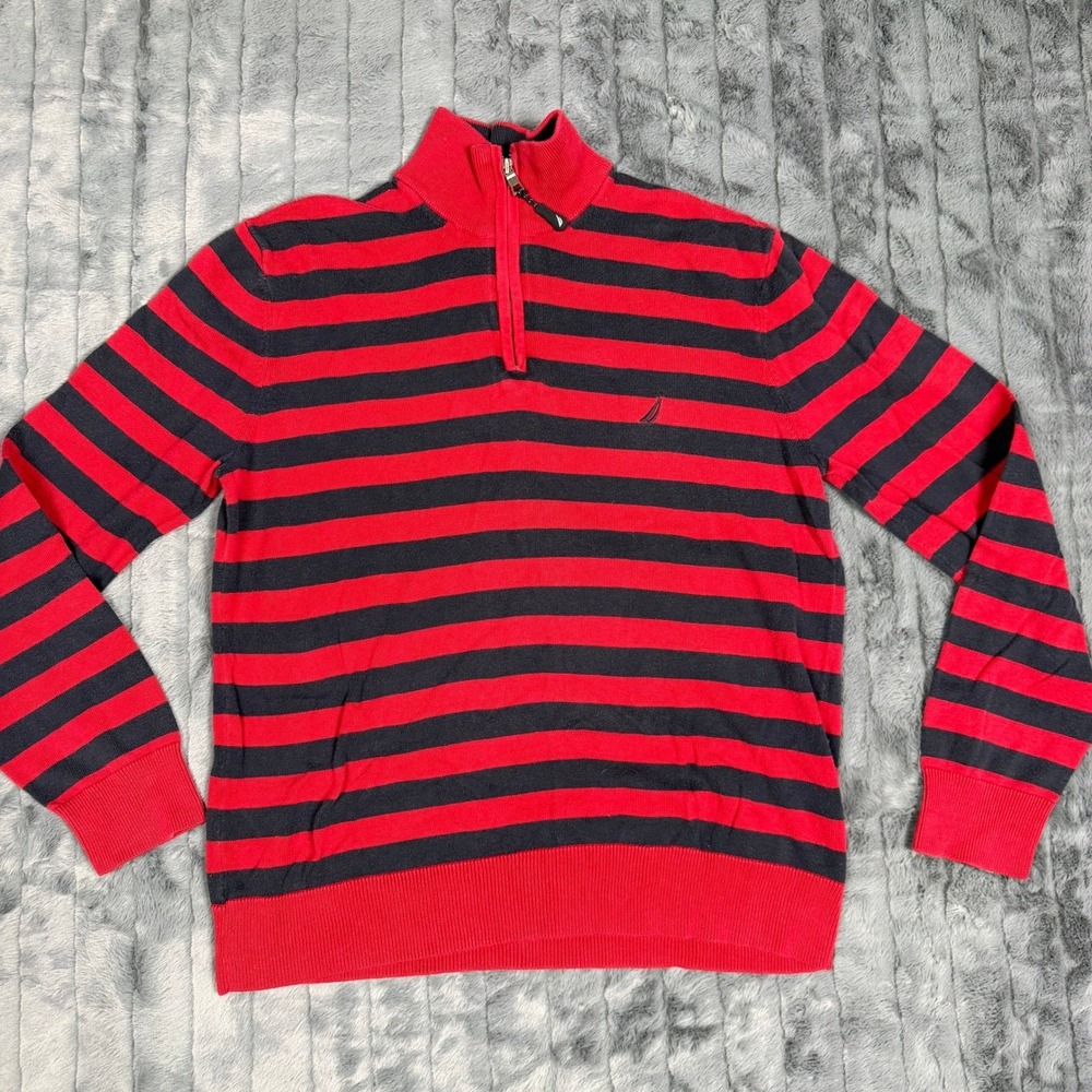 Nautica Mens Quarter Zip Sweater Red Navy Blue Striped Cotton Mock Neck Medium